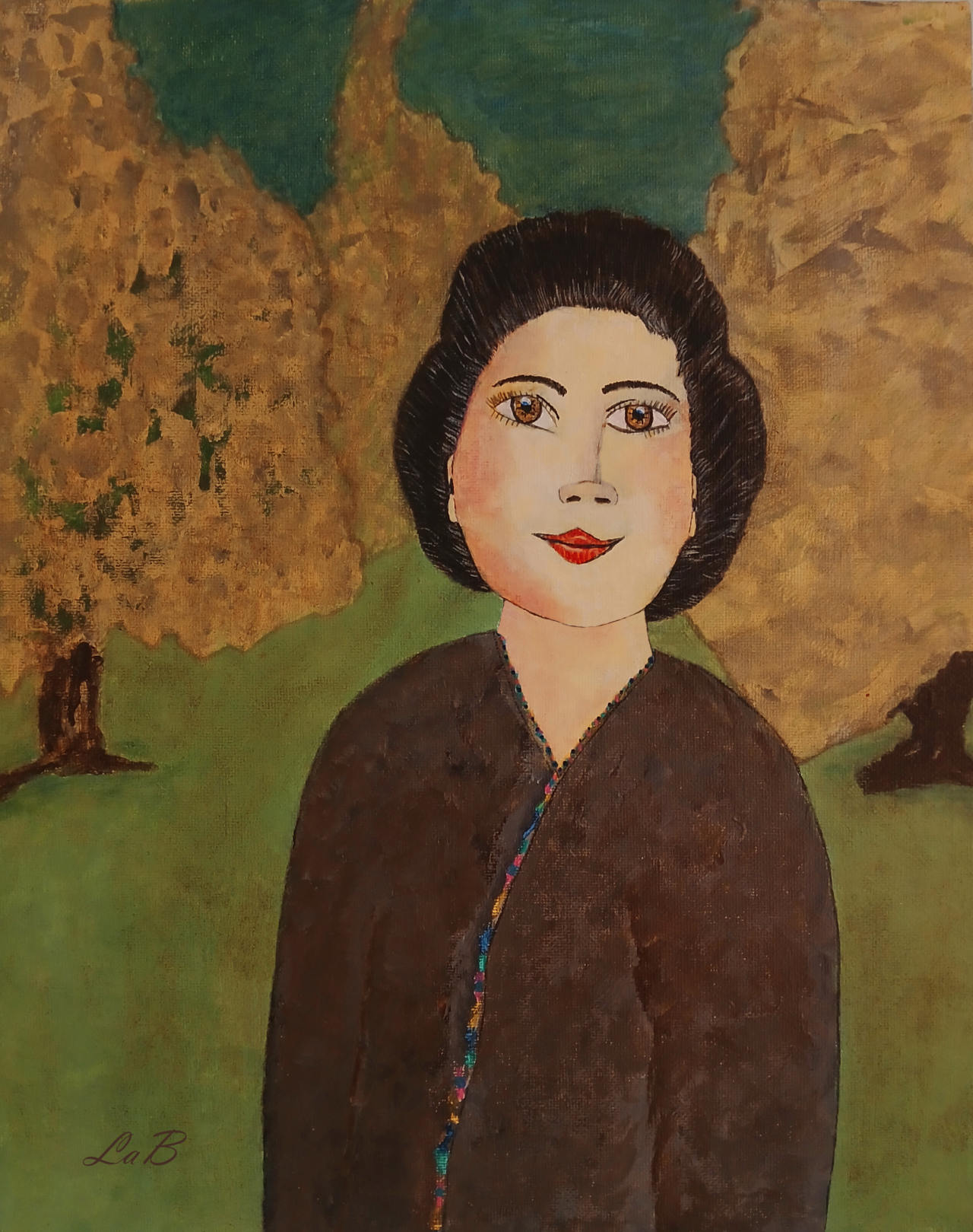 Portrait Woman in Orchard — LaB No110, modern walnut‑hull glaze technique
